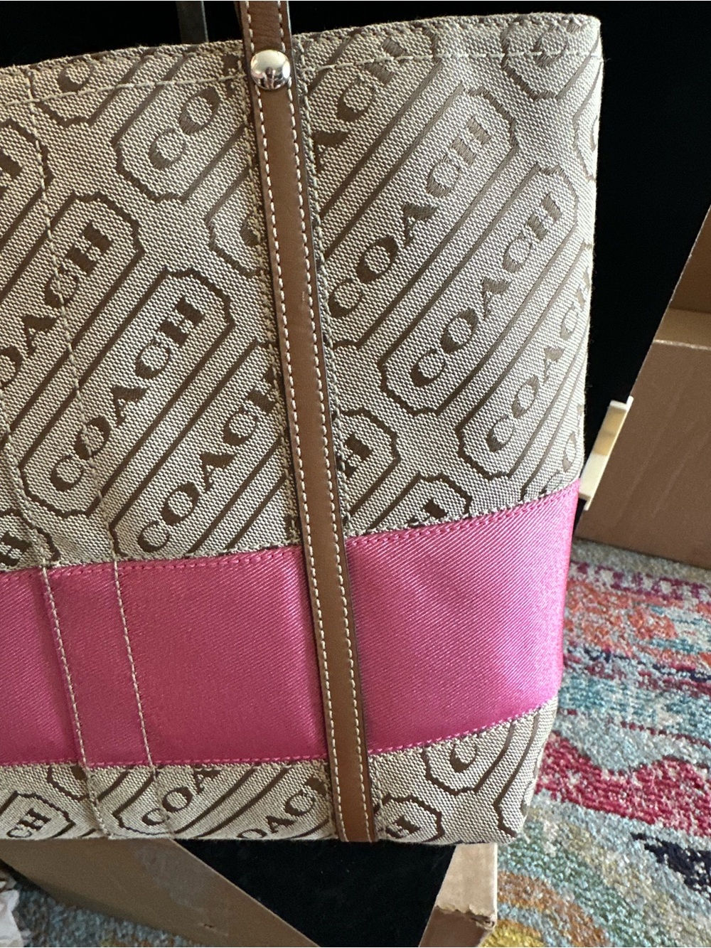 COACH #061 Lozengo Signature Tote with Pink Strip Accent - Picture 7 of 13